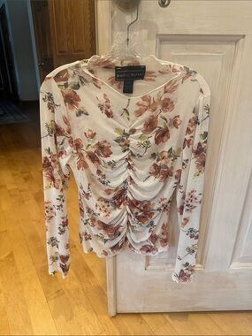 Polly & Esther Cream Floral Ruched Long-Sleeve Top